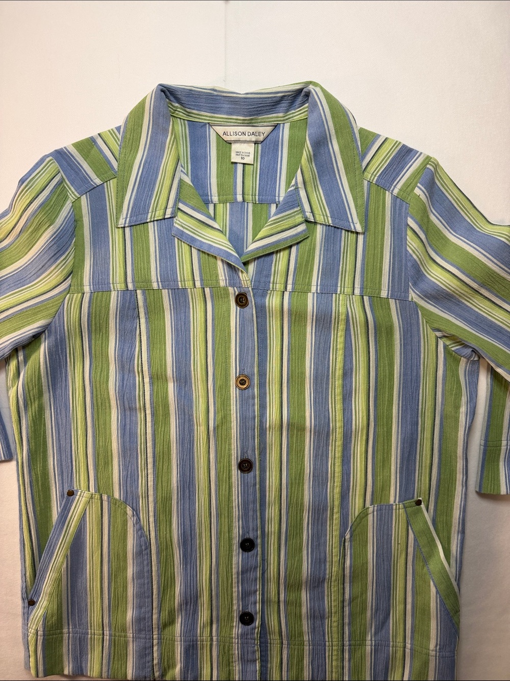 Allison Daley Blue and Green Striped Short-Sleeve Camp Shirt